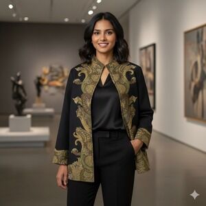 Anu 100% Wool Cardigan Jacket Embroidered Tapestry‎ Pockets Black Artsy Sz Large